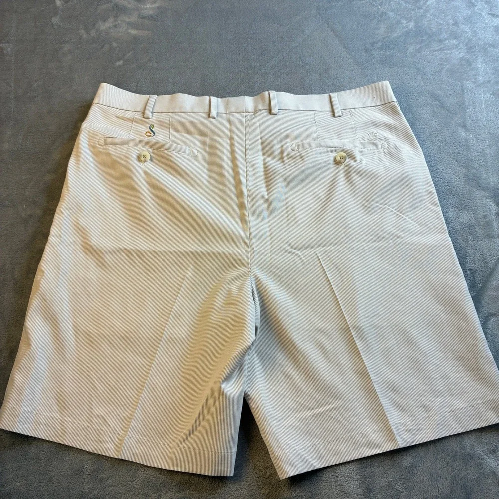 Peter Millar Mens 36 Crown Sport Wicking Golf Shorts Tan White Micro Stripe 9in